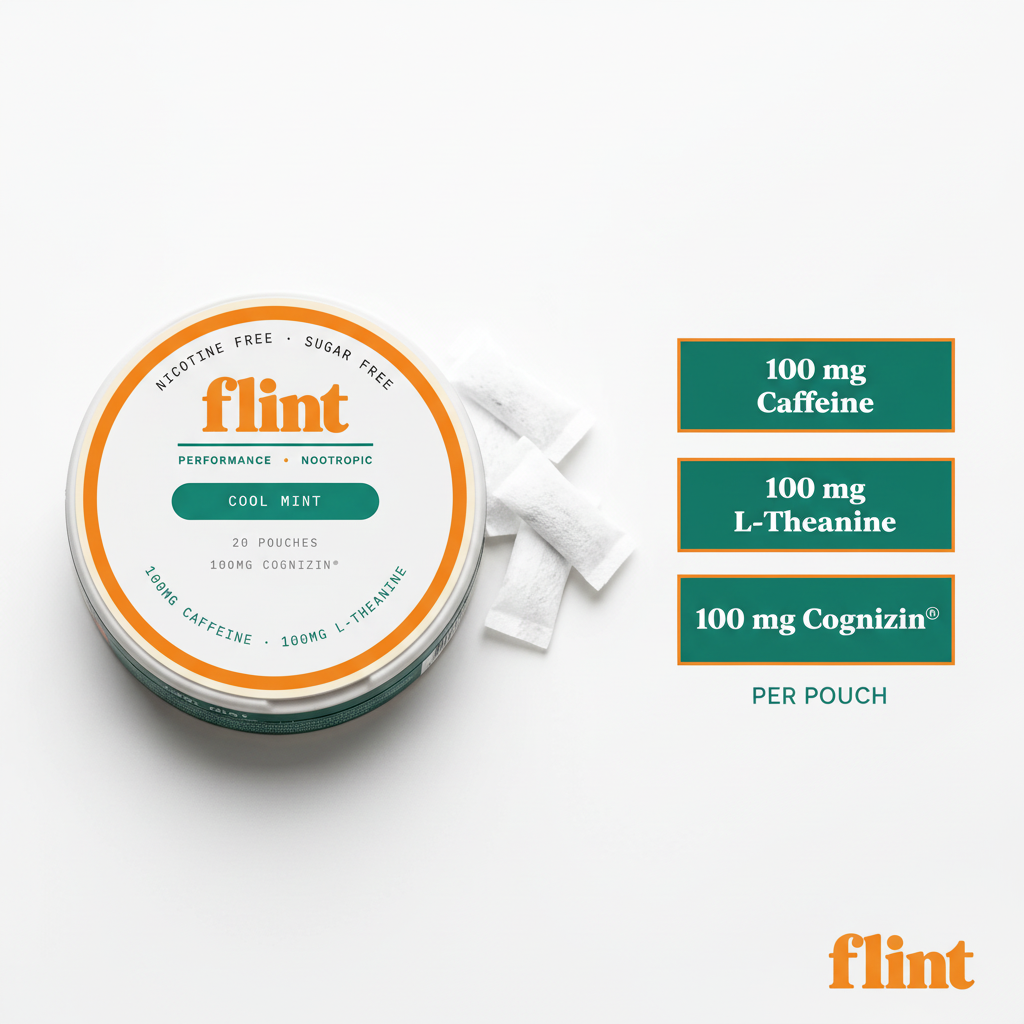 Flint Cool Mint tin and white pouches with 100 mg caffeine, 100 mg L-theanine and 100 mg Cognizin® per pouch