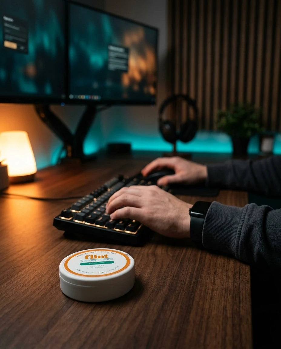Flint Cool Mint pouch tin on a desk in front of a keyboard, with monitors and a lamp behind